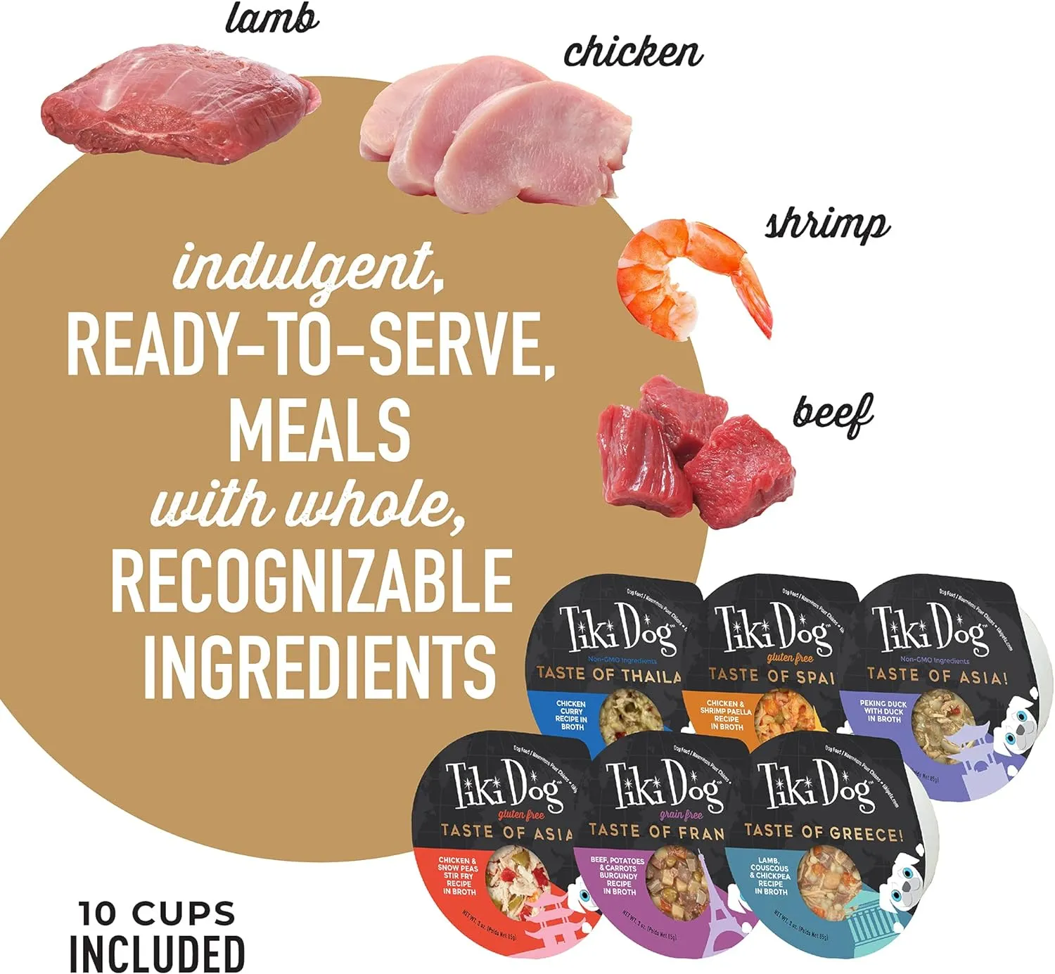 Tiki Dog Taste of The World Whole Food, Variety Pack of Gourmet International Flavors in Broth, Culinary Inspired High Protein and Moisture Rich Superfoods Wet Dog Food, 3 Oz Cups, Pack of 10