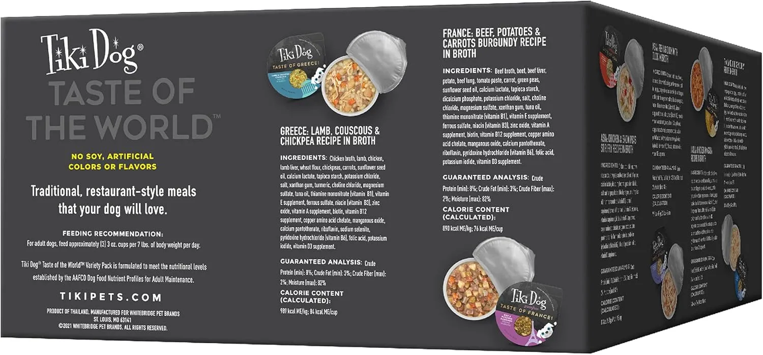 Tiki Dog Taste of The World Whole Food, Variety Pack of Gourmet International Flavors in Broth, Culinary Inspired High Protein and Moisture Rich Superfoods Wet Dog Food, 3 Oz Cups, Pack of 10