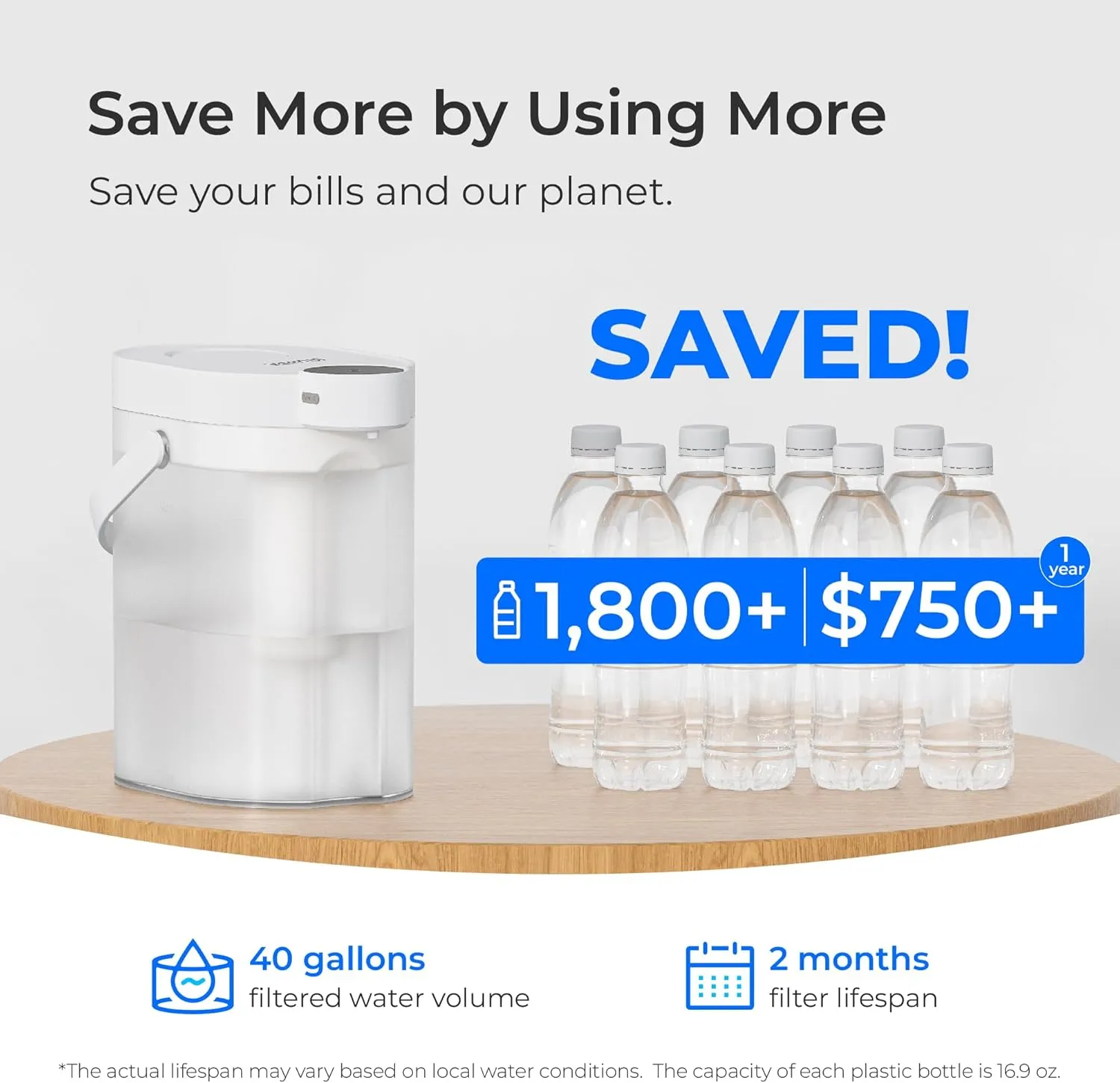 Waterdrop FreshTaste Instant Water Filter Pitcher, Rechargeable Powerful Dispenser, Reduce Chlorine, Lead, Copper, Purify, Soften Water, 17-Cup, White, Does not Lower TDS