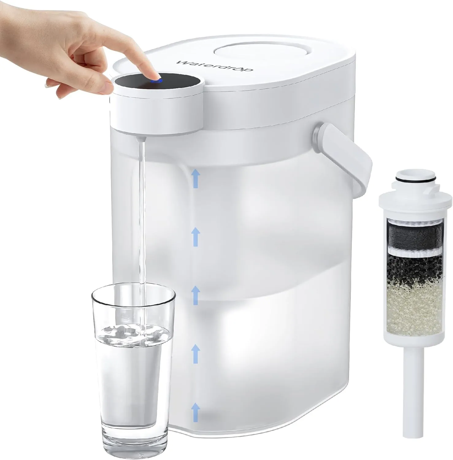 Waterdrop FreshTaste Instant Water Filter Pitcher, Rechargeable Powerful Dispenser, Reduce Chlorine, Lead, Copper, Purify, Soften Water, 17-Cup, White, Does not Lower TDS