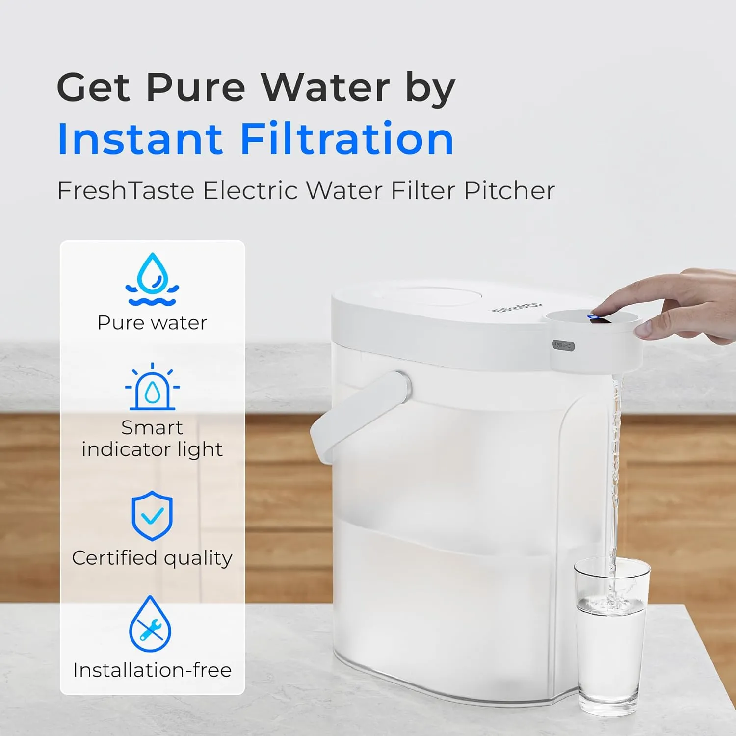Waterdrop FreshTaste Instant Water Filter Pitcher, Rechargeable Powerful Dispenser, Reduce Chlorine, Lead, Copper, Purify, Soften Water, 17-Cup, White, Does not Lower TDS