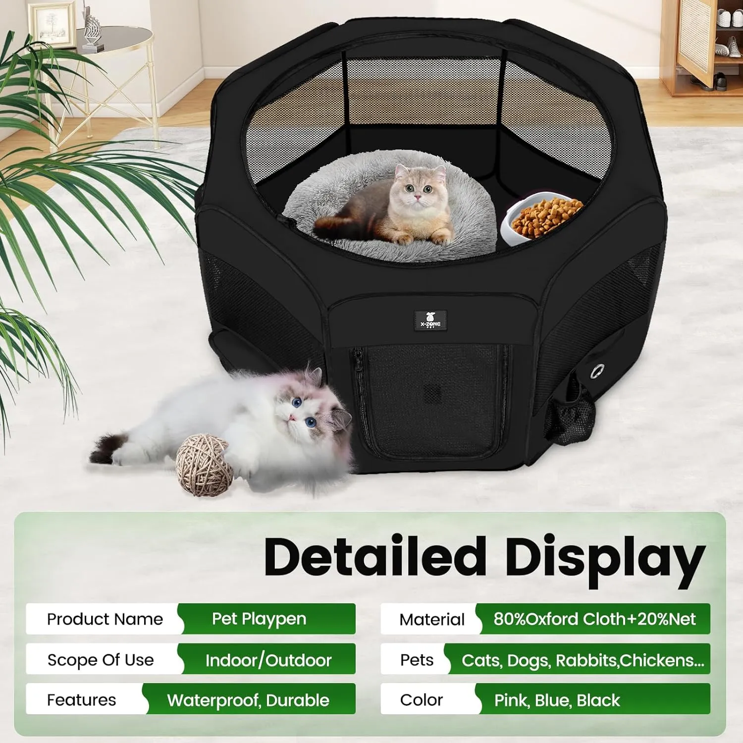 X-ZONE PET Dog Playpen Portable Pet Play Pens for Puppies, Cat, Rabbit, Chicks, Foldable Exercise Play Tent Kennel Crate, Indoor/Outdoor Travel Camping Black Large